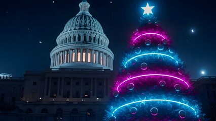 Neon Christmas Tree with Blue and Pink Lights at US Capitol Night