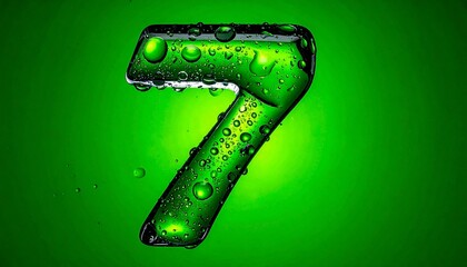 Glossy green number &ldquo;7&rdquo; with water droplets on gradient background