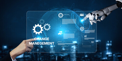 AI supports business transformation through change management strategies combining innovation, globalization, solution enablement, and team collaboration Vouch