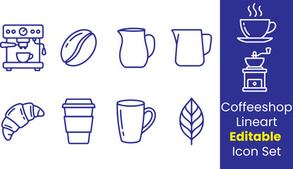 Coffee shop line icons, coffee cup, espresso machine, coffee bean, milk jug, grinder, croissant, takeaway cup, mug, coffee leaf, thin outline, white background
