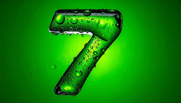 Glossy green number &ldquo;7&rdquo; with water droplets on gradient background