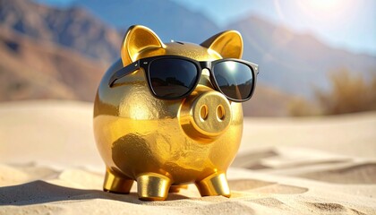 Golden piggy bank with sunglasses on desert sand under bright sun and mountain backdrop