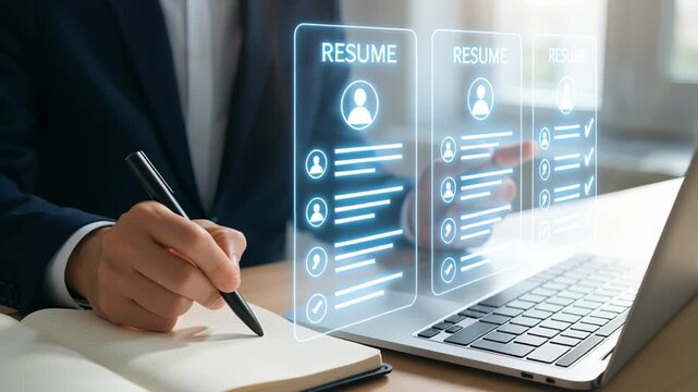 Digital technology, ai recruitment system automates hiring processes, human resource management with resumes and checklist for job candidates
