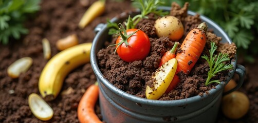 Kitchen food waste, veggie scraps, fruit peels in compost bucket. Organic material mixes with rich dirt, soil, creating natural garden fertilizer. Process helps grow healthy plants, promoting eco