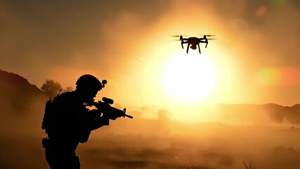 Silhouette of a soldier with a rifle and a drone flying against a dramatic sunset sky - Powered by Adobe