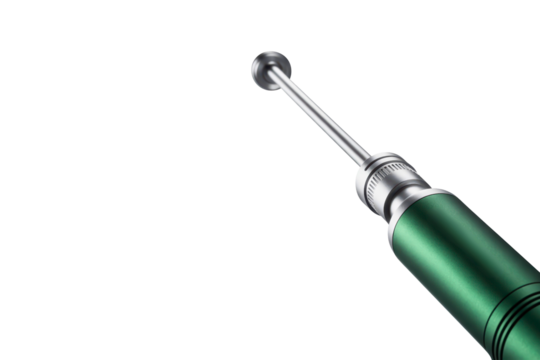 Professional dental instrument with green handle and metal tip isolated with transparent background