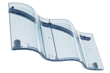 Transparent curved glass roof tile with textured surface details isolated with transparent background