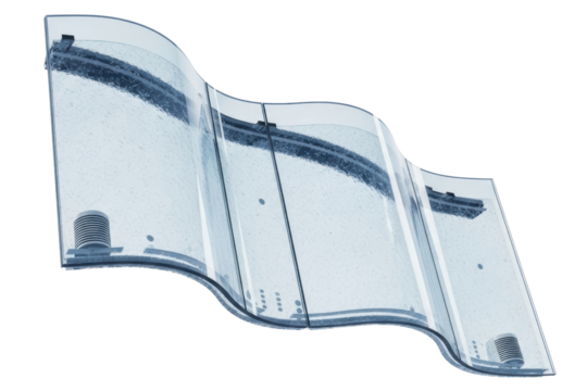 Transparent curved glass roof tile with textured surface details isolated with transparent background