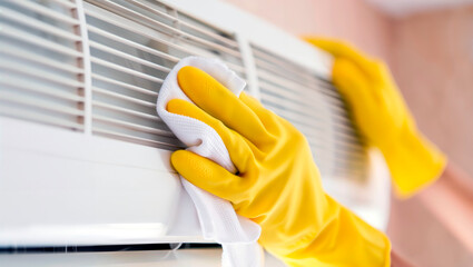 Hands in yellow gloves cleaning air conditioner vent with white cloth.