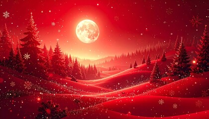 Modern and festive scarlet Christmas Background featuring dramatic abstract waves, subtle light reflections, and delicate floating snowflakes. High-end design space.