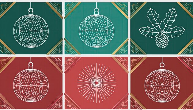 Elegant Christmas ornaments and holly sprig line art collection on festive backgrounds.