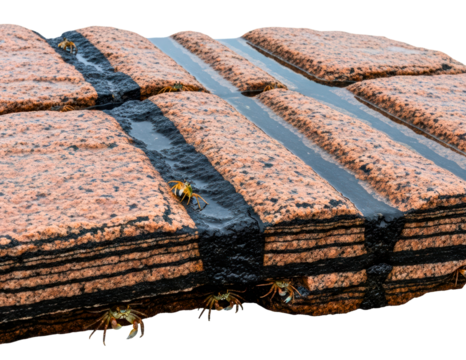 Layered sedimentary rock formation with crabs hiding in crevices isolated with transparent background