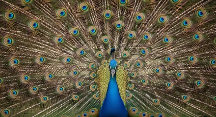 Fototapeta premium A peacock displays its fanned tail feathers showing intricate eye patterns