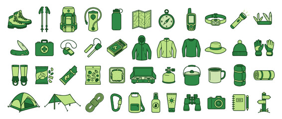 Outdoor adventure solid icon set. containing hiking boots, backpack, map, compass, tent, campfire, flashlight, gps, binoculars Vector collection