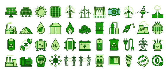 Renewable energy and sustainability solid icon set. containing solar, wind, hydro, biofuel, hydrogen, recycling, power plant and more. Vector collection