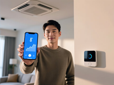 Asian man holding smartphone with climate control app near smart thermostat.