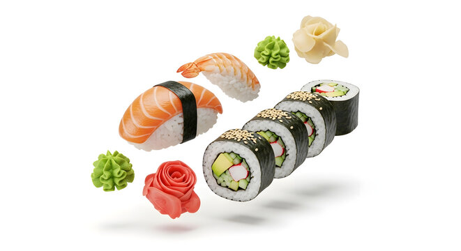 Assortment of fresh salmon nigiri, shrimp nigiri, and maki sushi roll pieces isolated on white background