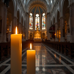 Two lit candles illuminate a serene church interior, creating a soft glow in the foreground.