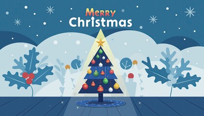 Merry Christmas festive illustration with decorated tree and falling snow.