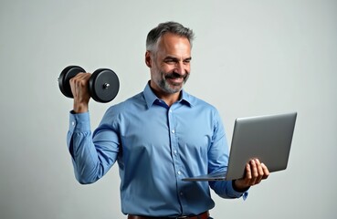 Middle aged business man holds laptop, lifts dumbbell. Smiles, works remotely. Manager combines fitness, tech. Productive entrepreneur maintains health, strong body. Work life balance, exercise