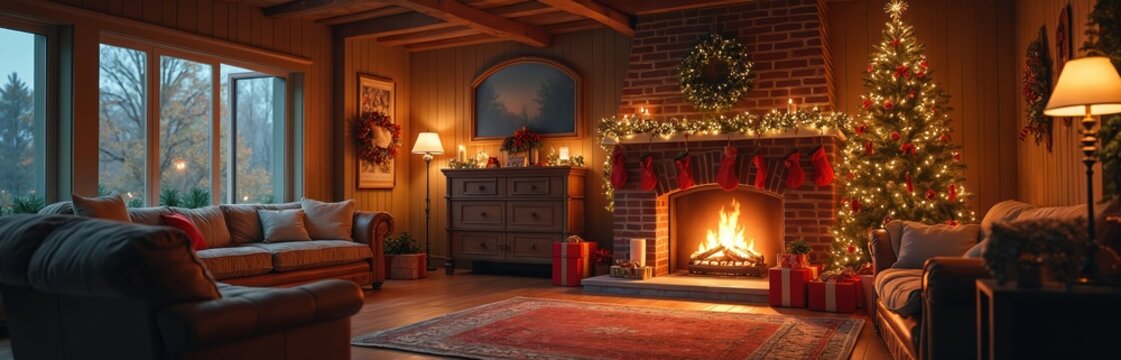 Cozy living room with fireplace lit and christmas tree glowing. Snow falls outside window. Home interior decorated for winter holiday celebration. Warm, festive atmosphere.