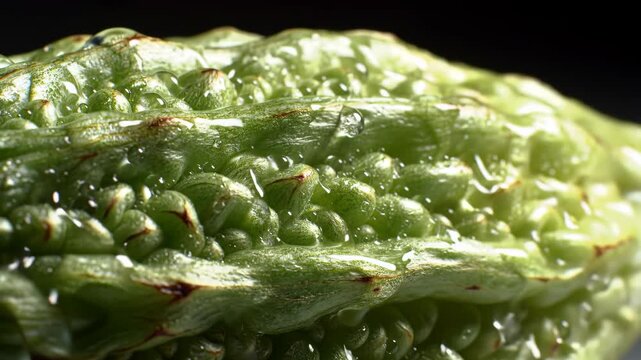 Close up of a fresh, ripe green bitter melon with water droplets
