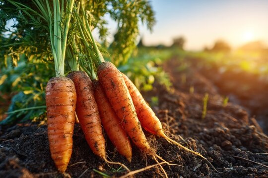 Fresh Carrots Harvested from Soil in Natural Organic Farm Field