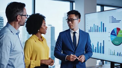Business professionals analyzing financial data on a large screen during a corporate meeting