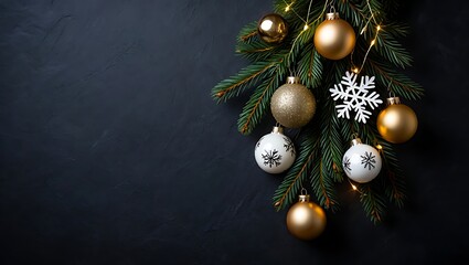 Decorated christmas tree branch with sparkling ornaments