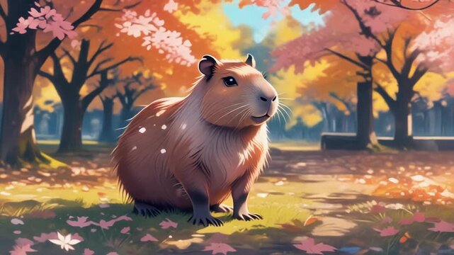 Cute capybara in sunny autumnal momiji park. Japanese anime cartoon style. 