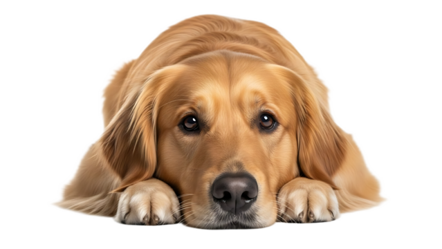 Golden retriever lying down with paws forward looking directly at the camera on a black background
