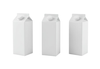 Three transparent cardboard beverage cartons with screw caps, shown from varied perspectives on a seamless transparent background with copy space, clean minimalist concept for beverage advertising