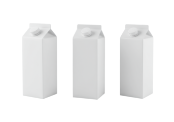 Three transparent cardboard beverage cartons with screw caps, shown from varied perspectives on a seamless transparent background with copy space, clean minimalist concept for beverage advertising