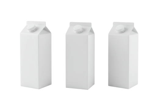Three transparent cardboard beverage cartons with screw caps, shown from varied perspectives on a seamless transparent background with copy space, clean minimalist concept for beverage advertising
