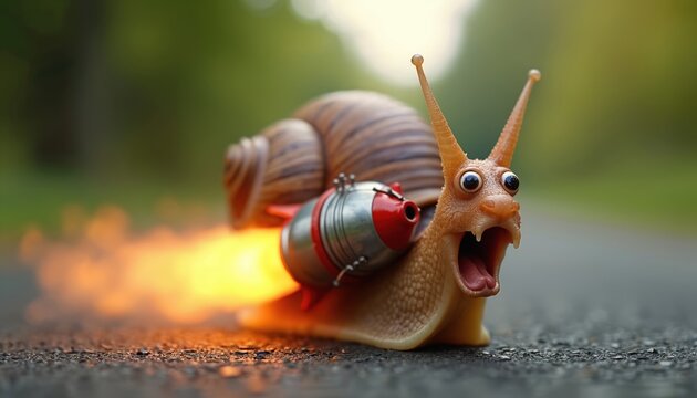 Excited snail with rocket booster strapped to shell about to blast off. Concept of speed adventure humor. Snail character looks surprised. Gastropod animal is ready for race on street outdoors.
