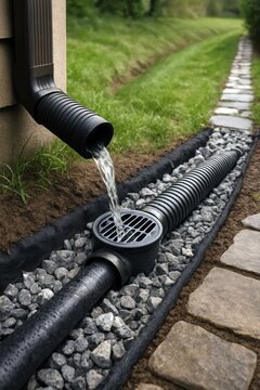 Water flows from a gutter downspout into a corrugated drainage pipe and catch basin within a gravel trench.