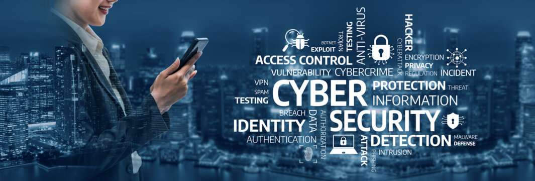 A professional woman engaged with her smartphone surrounded by visual representations of cyber security concepts over an urban skyline, symbolizing technology risks and solutions. Tessel