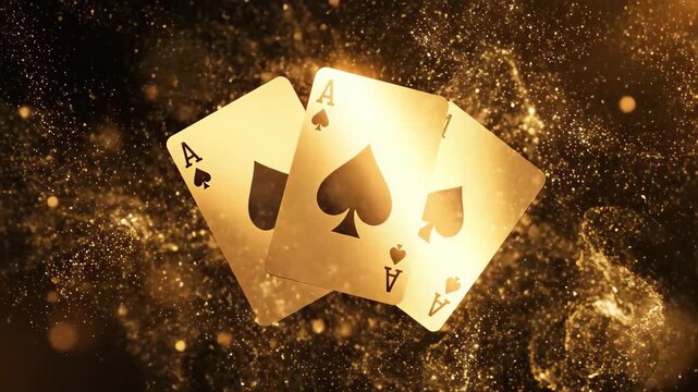 Three golden ace of spades playing cards shimmering with magical dust against a dark backdrop