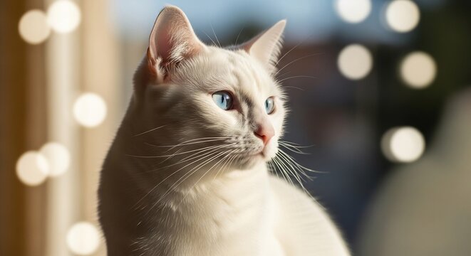 A white cat with striking blue eyes sits bathed in soft light