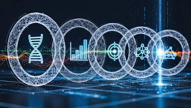 Dive into cutting-edge technology with dynamic DNA data analysis, business growth charts, and molecular research for innovative solutions in the digital age