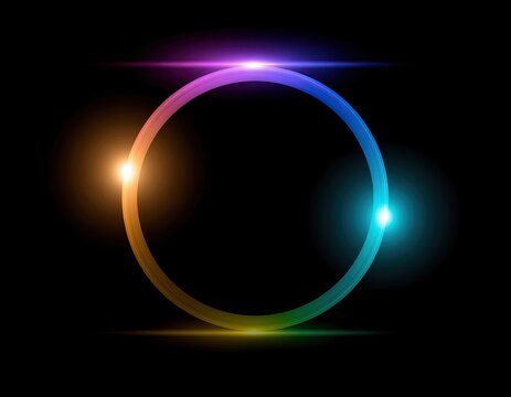 Abstract Glowing Neon Ring With Lens Flare And Bokeh Effects On A Dark Background With Purple Blue And Orange Hues - Powered by Adobe