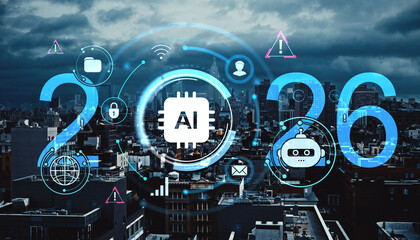 Futuristic AI and machine learning technology icons over cityscape with digital 2026 text and robotic neural network symbols on dark background.