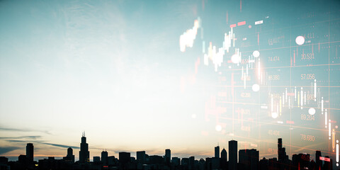 Chicago city skyline at dusk blended with abstract financial stock market data and light effects on a modern urban investment background.