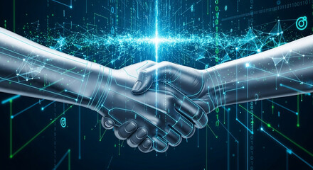 Artificial Intelligence Human Collaboration Digital Network Handshake and Futuristic Data Exchange