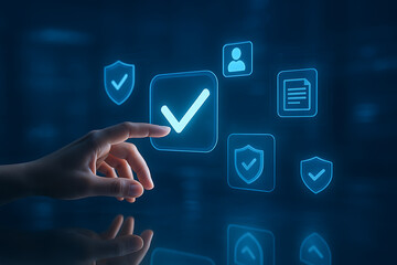 Digital quality control and security concept; hand pointing to glowing checkmark icon surrounded by shields user profile and document symbols in blue interface