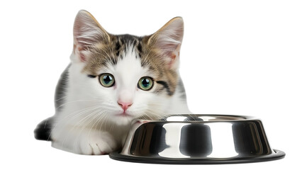 A fluffy kitten with green eyes looking at a shiny silver bowl against a black background image view