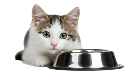 A fluffy kitten with green eyes looking at a shiny silver bowl against a black background image view