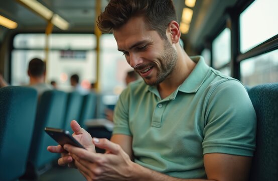 Young handsome man smiles, intently uses smartphone inside city public bus. Reads important messages, browses engaging social media on mobile phone during daily commute. Passenger enjoys modern tech - Powered by Adobe