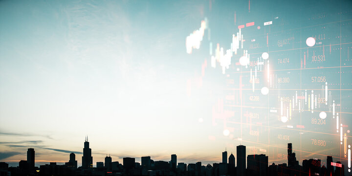Chicago city skyline at dusk blended with abstract financial stock market data and light effects on a modern urban investment background. - Powered by Adobe