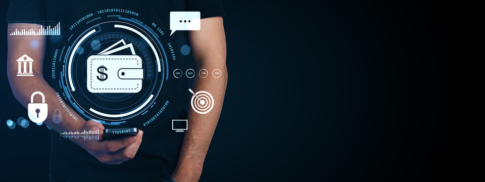 Digital wallet interface concept with smartphone and user showing financial and blockchain icons on abstract background in futuristic style.